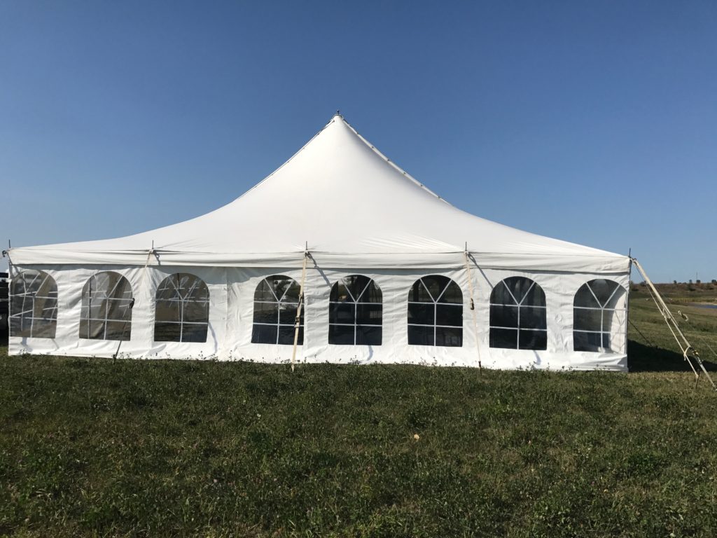 End of the 40' x 80' rope and pole wedding tent setup in Fairfield, Iowa