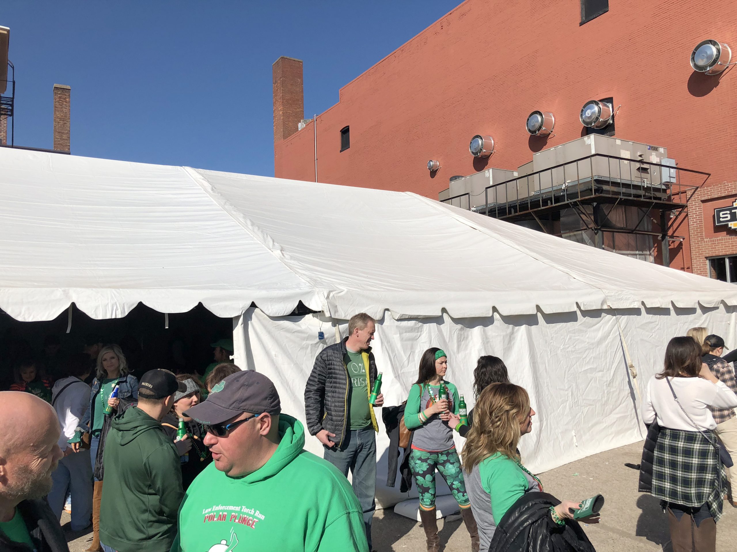 Saint Patrick's Day event under 30' x 75' frame tent at Steve's Old Time Tap in Rock Island, IL