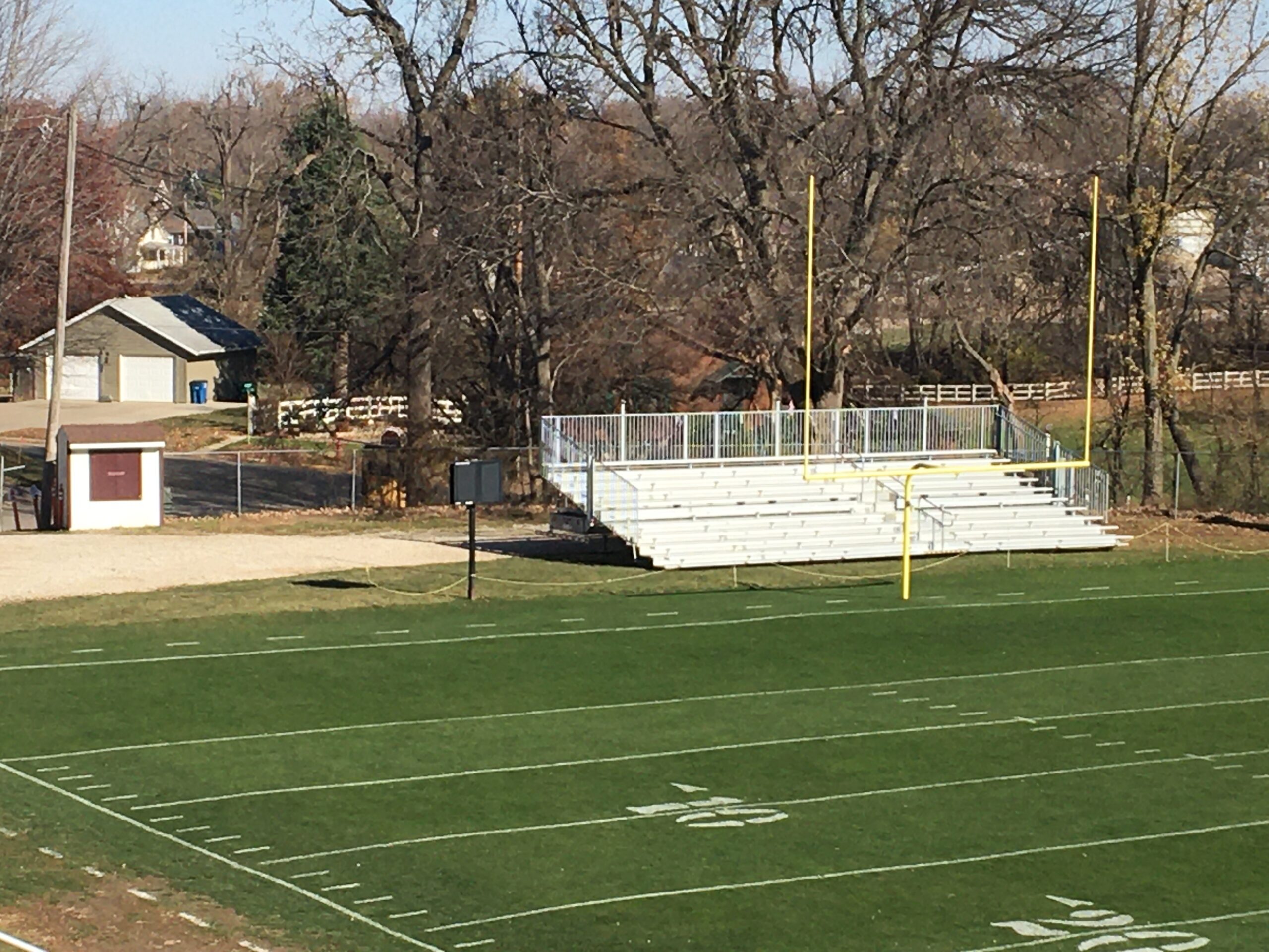 Towable bleachers at Mount Vernon, Iowa First Street Community Center Football Stadium and Field