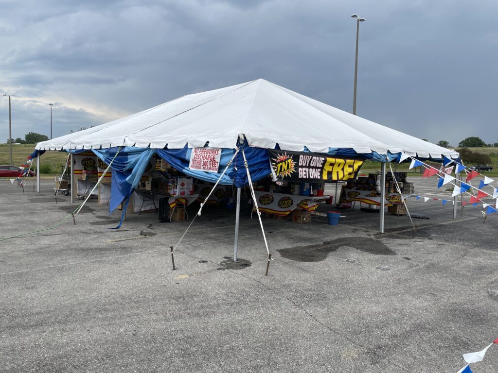 30' x 45' frame tent set up for TNT Fireworks Tent at Coral Ridge Mall in Coralville, Iowa in 2023