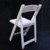 White Resin Folding Chair with Padded Seat White Wood back three quarter view