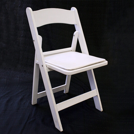 White Resin Folding Chair with Padded Seat White Wood front three quarter view