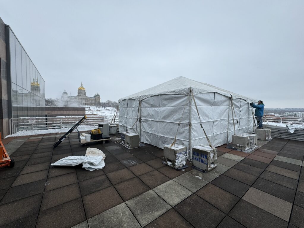 20' x 30' frame tent set up on the 3rd-floor terrace overlooking the Iowa State Capitol.