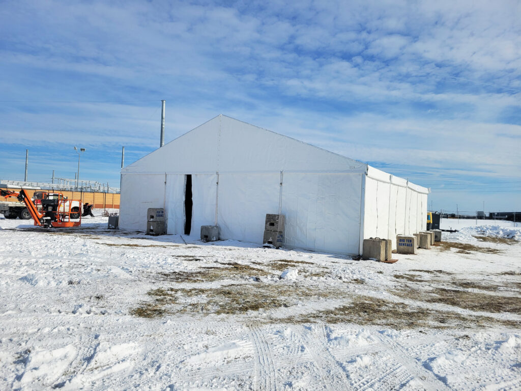 EPI Power event in West Des Moines, Iowa - Clear Span 40′ x 40′ Temporary Event Structure - Clearspan Liri Tent (three quarter view)
