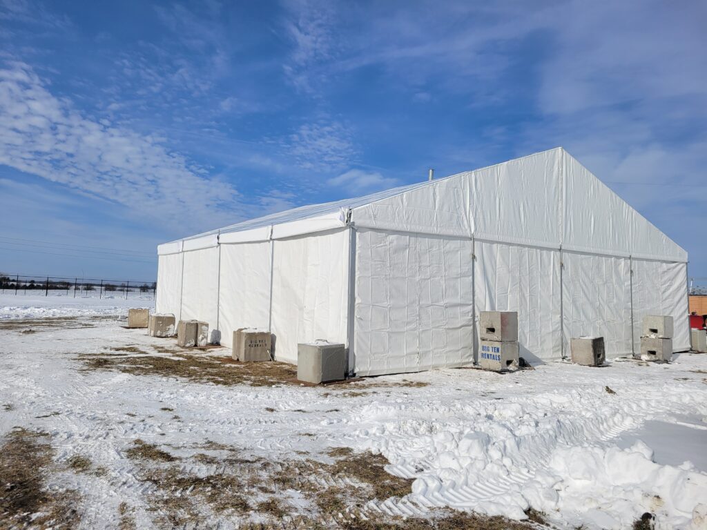 EPI Power event in West Des Moines, Iowa - Clear Span 40′ x 40′ Temporary Event Structure - Clearspan Liri Tent (three quarter view)
