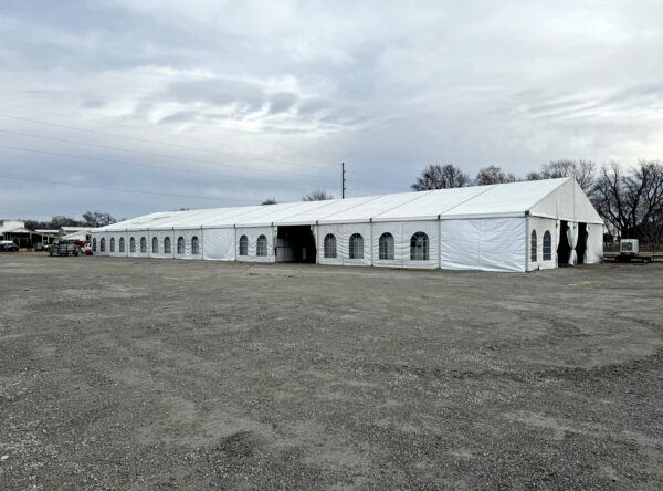 60' x 180' Clearspan Temporary Event Structure for the Special Workhorse Sale Kalona, Iowa in 2024 (three quarter view of tent)
