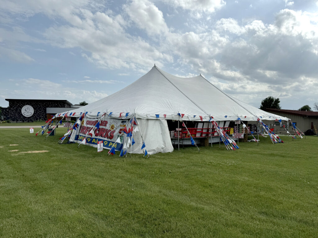 Back of the fireworks tent in North Liberty, Iowa. 30' x 40' Rope and Pole Tent.