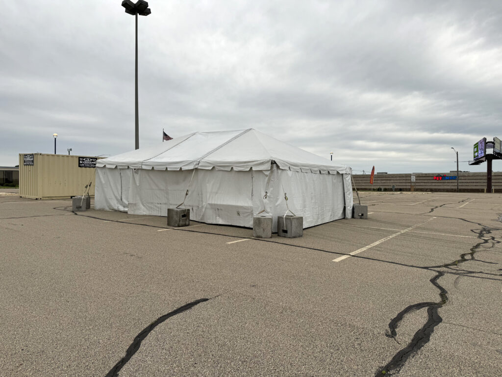 Fireworks tent - 20' x 30' frame tent with Block and Roll tent ballast and Tables in Dubuque, Iowa for Phantom Fireworks (1)