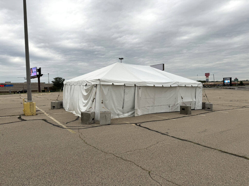 Fireworks tent - 20' x 30' frame tent with Block and Roll tent ballast and Tables in Dubuque, Iowa for Phantom Fireworks (full)