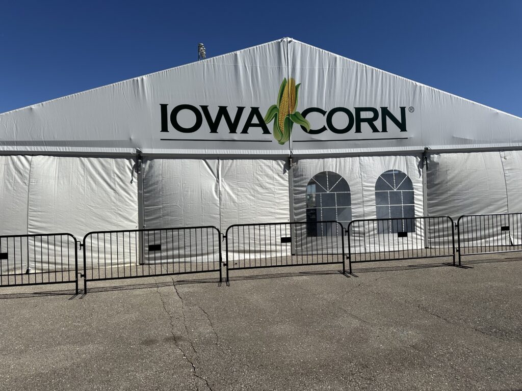 Iowa Corn logo on clearspan tent - 2024 NASCAR Race Weekend at Iowa Speedway in Newton, Iowa - Liri tent