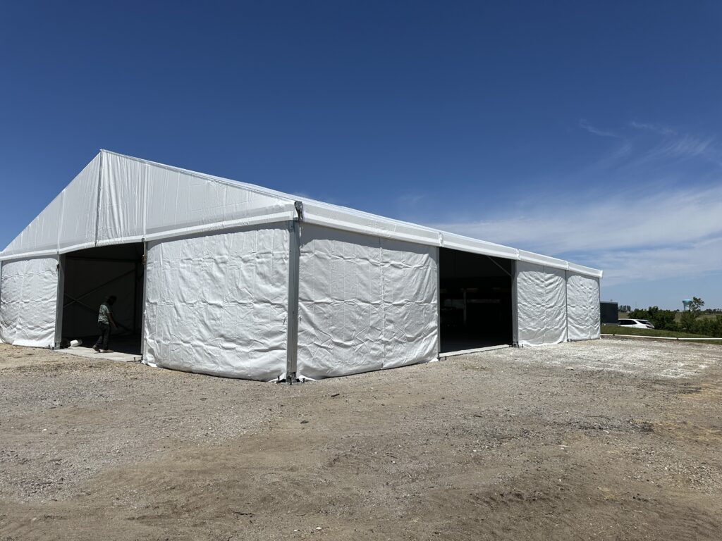 Outside of 50' x 66' clearspan event structure - 2024 NASCAR Race Weekend at Iowa Speedway in Newton, Iowa - Liri tent
