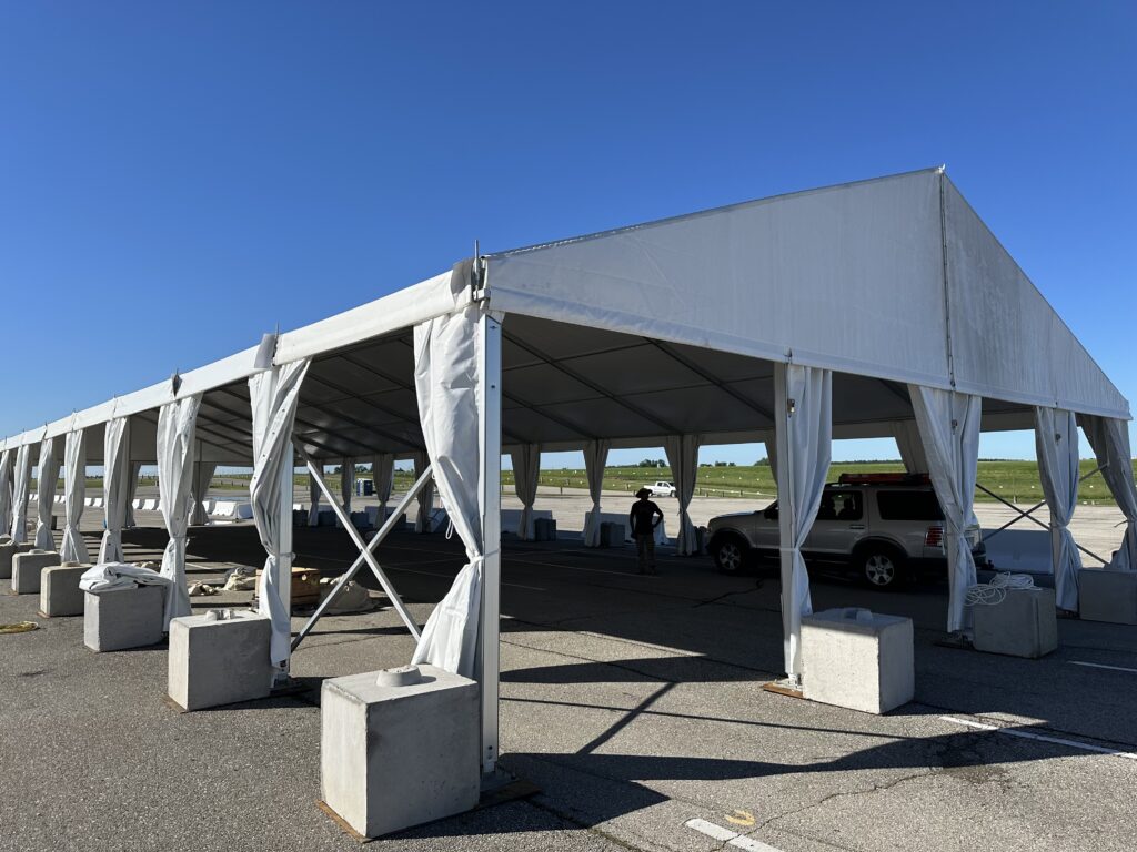 Outside of the 40' x 120' clearspan event structure - 2024 NASCAR Race Weekend at Iowa Speedway in Newton, Iowa - Liri tent