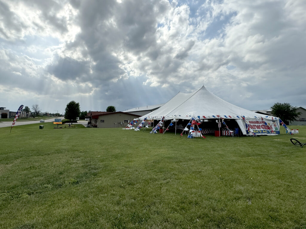 Outside of the fireworks tent in North Liberty, IA. 30' x 40' Rope and Pole Tent.