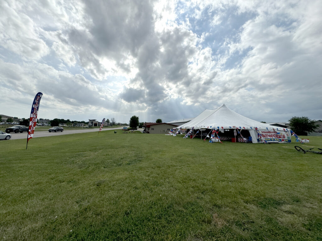 Outside of the fireworks tent in North Liberty, Iowa. 30' x 40' Rope and Pole Tent.