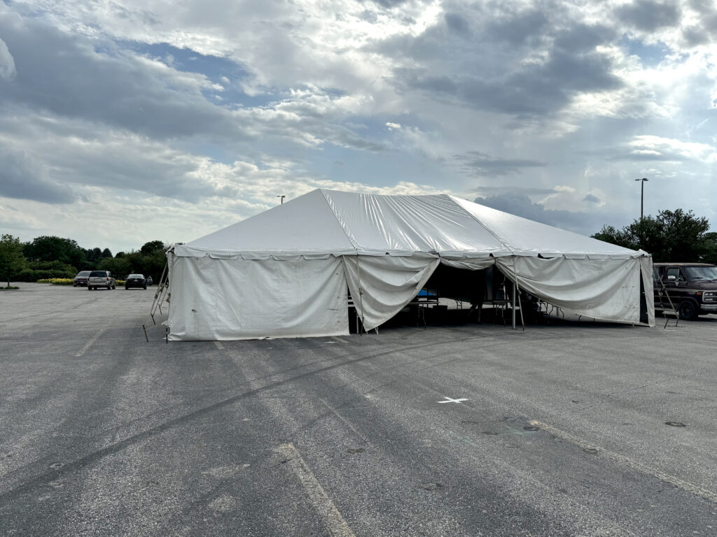 Side of the 30' x 40' frame tent at Coral Ridge Mall in Coralville, Iowa, for TNT Fireworks company.