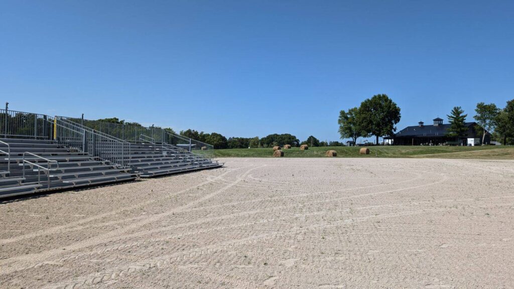 Rodeo Bleachers with the Busch Family Brewery and Restaurant in the background in Defiance, Missouri.