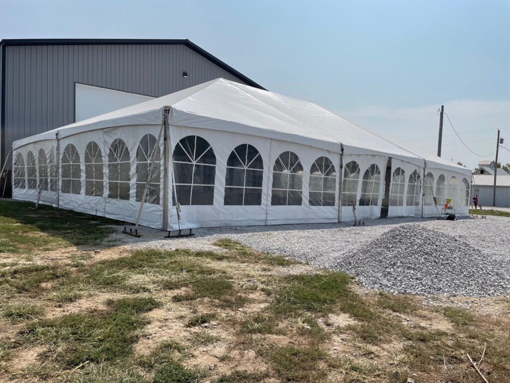 Corner of a 40′ x 60′ Hybrid Tent with French window side wall