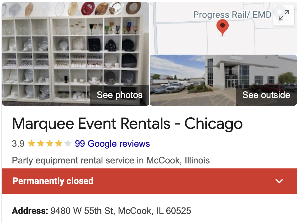 Marquee Event Rentals - Chicago Google Business Profile says "Permanently closed."