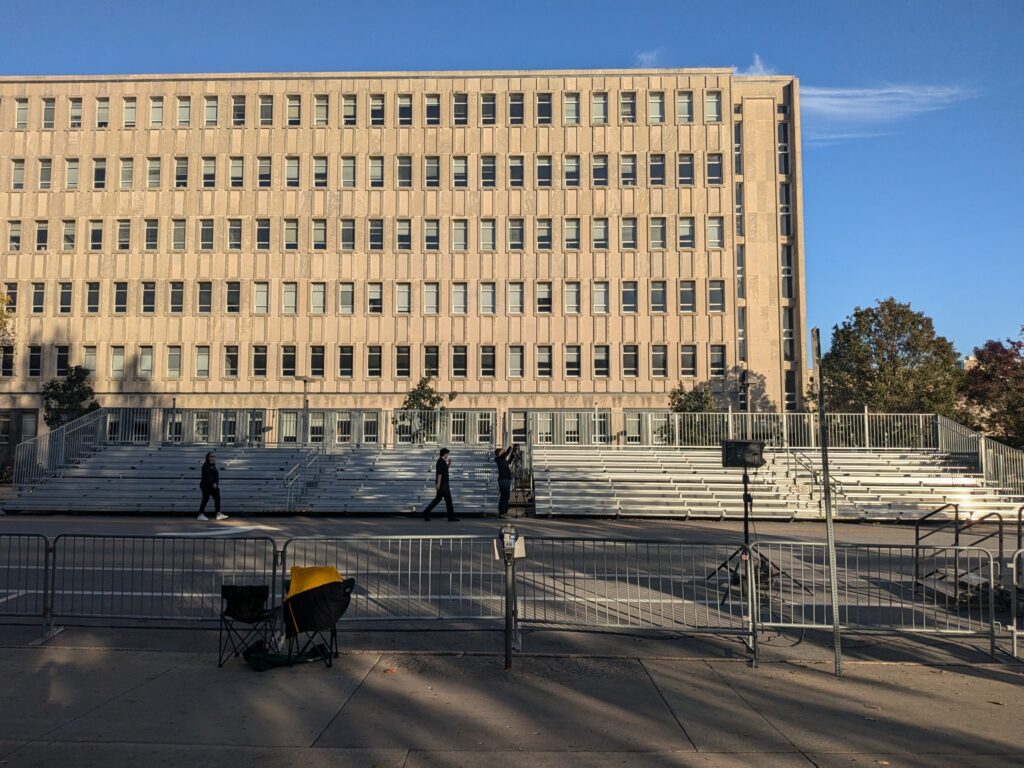 Two 45' bleachers for University of Iowa homecoming by the Old Capitol Museum in Iowa City, IA.