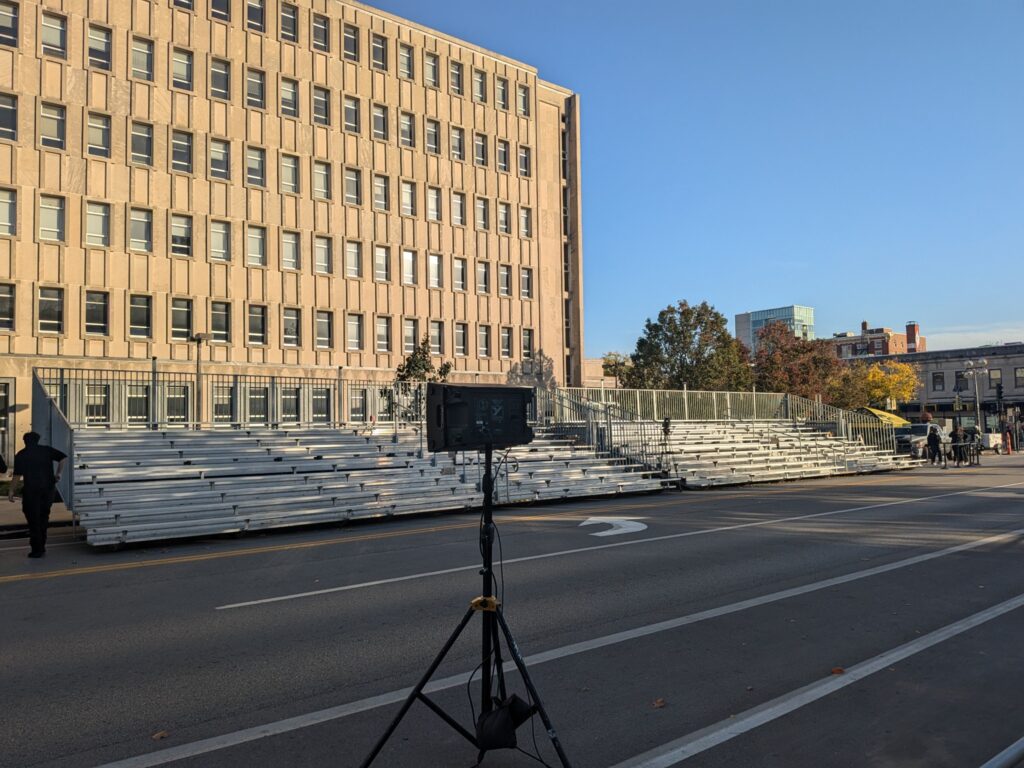 Two 45' bleachers for University of Iowa homecoming by the Old Capitol in Iowa City, IA.