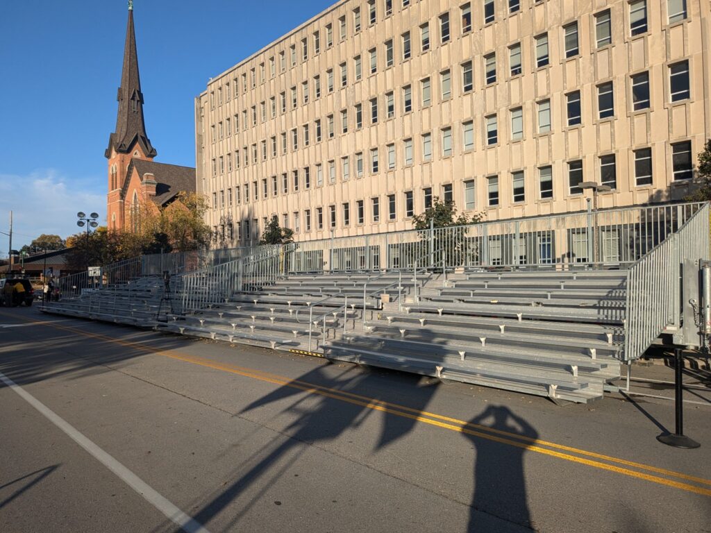 Two 45' bleachers outside Center for Language and Cultural Learning (CLCL) University of Iowa.