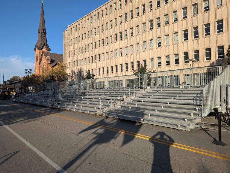 Two 45' bleachers outside Center for Language and Cultural Learning (CLCL) University of Iowa.