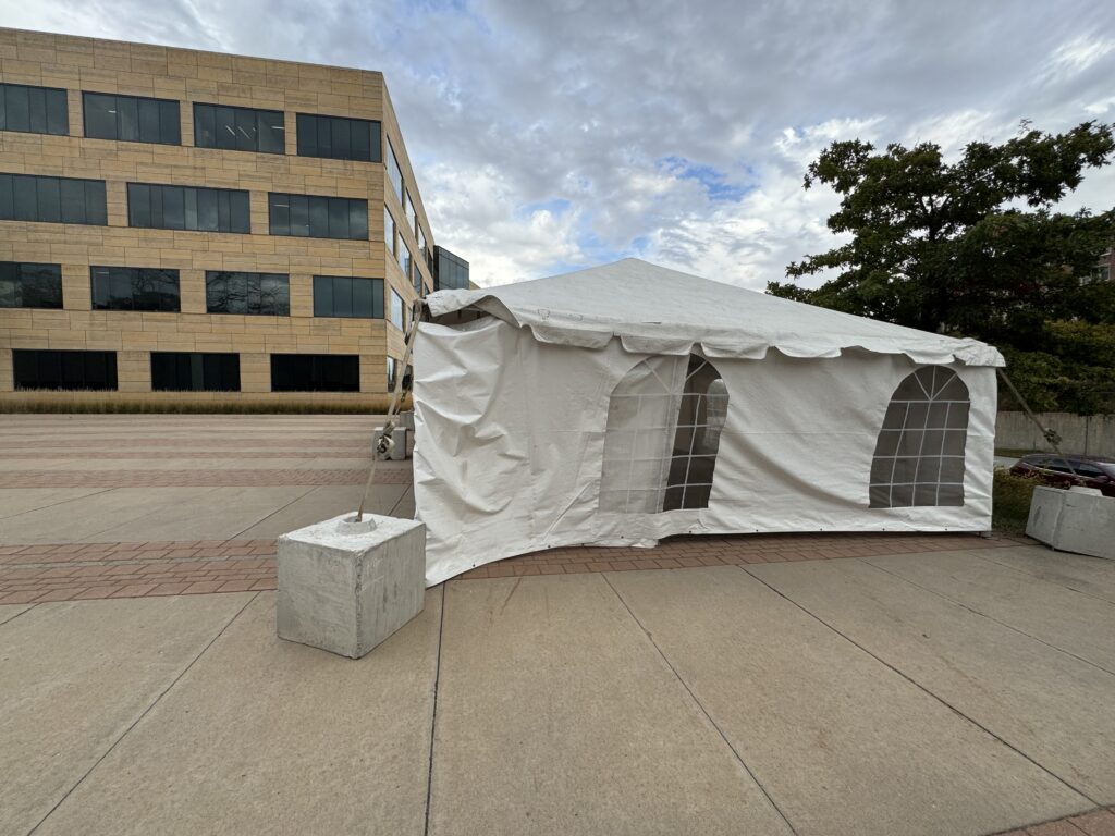 University of Iowa College of Public Health building with a 20' x 60' Frame Event Tent for Homecoming.