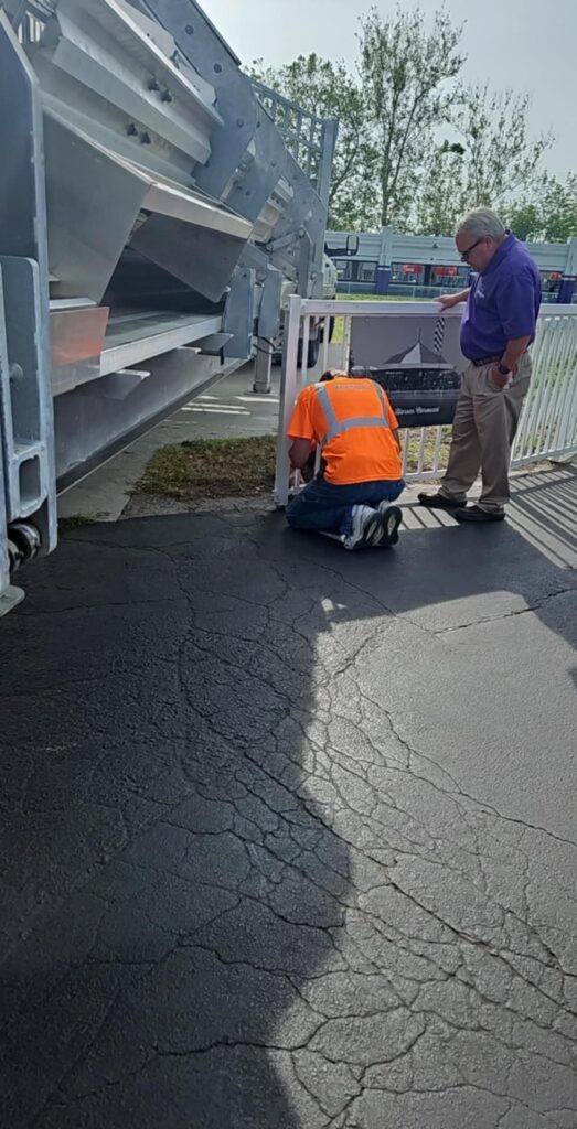 Backing in the 45' Towable Bleacher at Adventureland Resort for the Jetpack Flying Water Circus in Altoona, Iowa. Gate was removed.