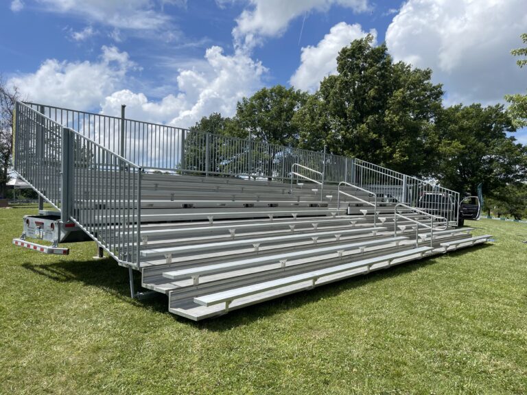 45′ 10-Row Towable Bleacher for 273 people set up for a Disc Golf Pro Tour Event at Pickard Recreation Area in Indianola, Iowa