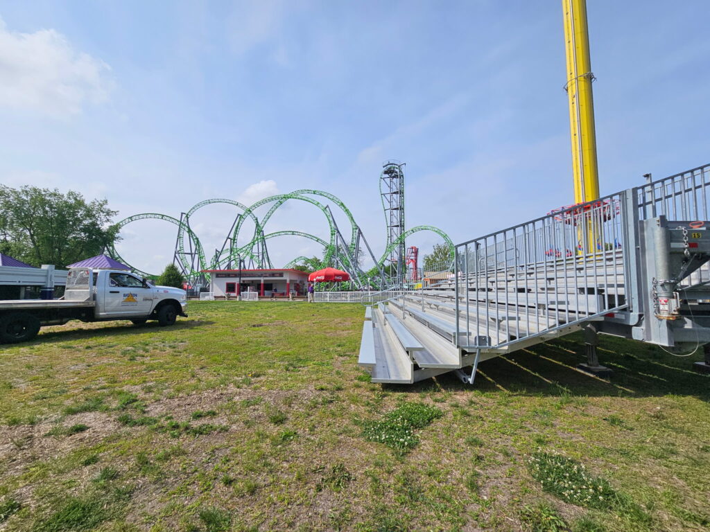 Our 45' Towable Bleacher at Adventureland Resort for the Jetpack Flying Water Circus in Altoona, Iowa (Big Ten Rentals Truck)