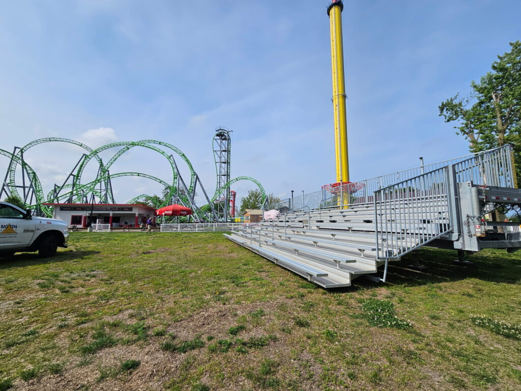 Our 45' Towable Bleacher at Adventureland Resort for the Jetpack Flying Water Circus in Altoona, Iowa (with Big Ten Rentals Truck)