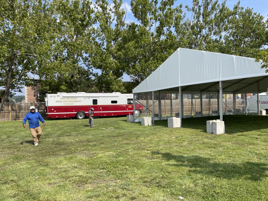 Des Moines Fire Department truck by the end of the 40' x 50' Liri A-Frame Event Tent at the Iowa State Fair in Des Moines, Iowa