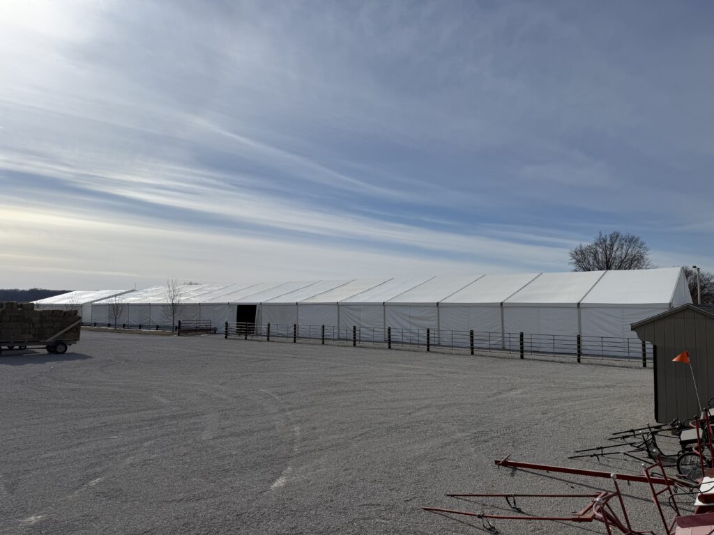 49' x 66' (15m x 20m) Liri Clearspan tent on the left and 60' x 230' (18m x 70m) Losberger clearspan on the right in Kalona, Iowa