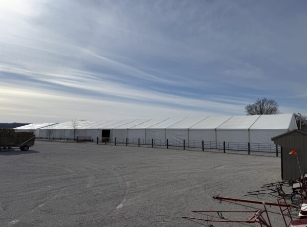 49' x 66' (15m x 20m) Liri Clearspan tent on the left and 60' x 230' (18m x 70m) Losberger clearspan on the right in Kalona, Iowa 49' x 66' (15m x 20m) Liri Clearspan tent on the left and 60' x 230' (18m x 70m) Losberger clearspan on the right in Kalona, Iowa