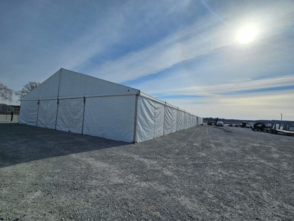 60' x 230' (18m x 70m) Losberger temporary clearspan structure (tent) for rent.