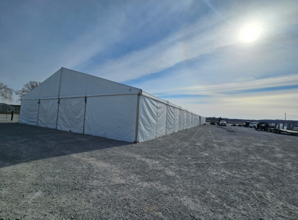 60' x 230' (18m x 70m) Losberger temporary clearspan structure (tent) for rent. 60' x 230' (18m x 70m) Losberger temporary clearspan structure (tent) for rent.