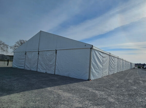 60' x 230' (18m x 70m) Losberger temporary clearspan structure (tent) for rent. 60' x 230' (18m x 70m) Losberger temporary clearspan structure (tent) for rent.