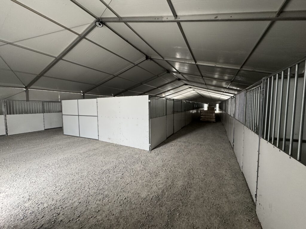 Horse stalls set up under 60' x 230' (18m x 70m) Losberger Clearspan Event Structure-Tent at the Kalona Sales Barn
