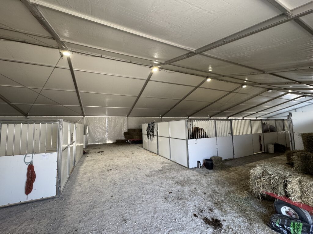 UFO Lights under a Horses under a 60' × 230' Losberger Clearspan tent