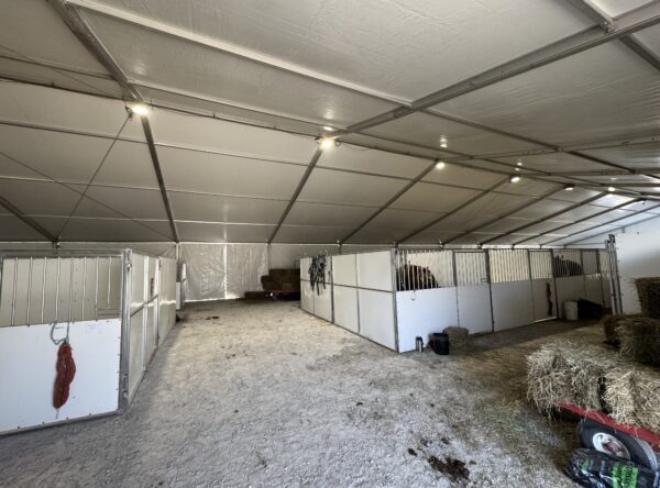 UFO Lights under a Horses under a 60' × 230' Losberger Clearspan tent UFO Lights under a Horses under a 60' × 230' Losberger Clearspan tent