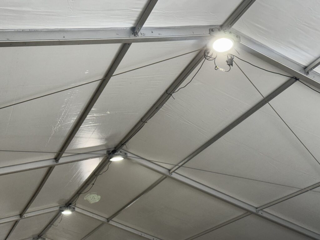 UFO light under a 60' × 230' Losberger Clearspan tent at the Kalona Sales Barn at the 2026 Special Workhorse Sale