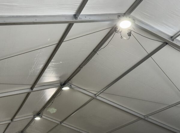 UFO light under a 60' × 230' Losberger Clearspan tent at the Kalona Sales Barn at the 2026 Special Workhorse Sale