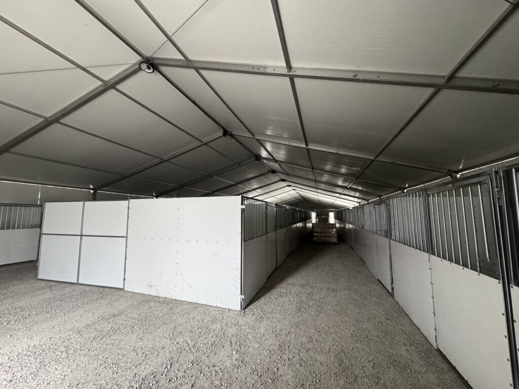 Under 60' x 230' (18m x 70m) Losberger Clearspan Event Structure with horse stalls at the Kalona Sales Barn.
