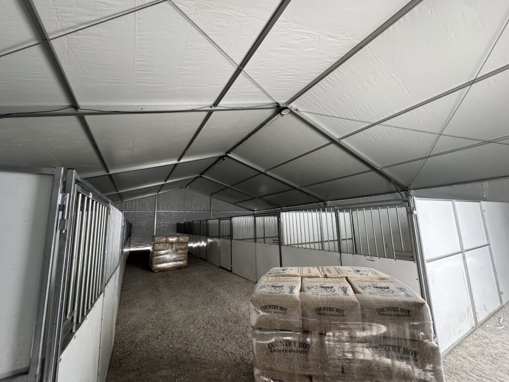 Under the 49' x 66' (15m x 20m) Liri Clearspan structure (tent) with horse stalls at Kalona Sales Barn