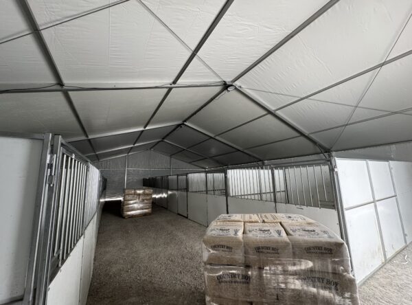 Under the 49' x 66' (15m x 20m) Liri Clearspan structure (tent) with horse stalls at Kalona Sales Barn Under the 49' x 66' (15m x 20m) Liri Clearspan structure (tent) with horse stalls at Kalona Sales Barn