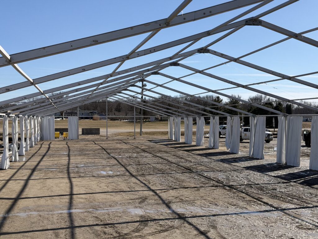 Frame of the 60′ x 230′ (18m x 70m) Losberger clearspan event structure