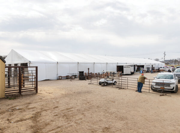 Outisde of 60′ x 230′ (18m x 70m) clearspan event structure at Waverly Sales Co in 2026. Outisde of 60′ x 230′ (18m x 70m) clearspan event structure at Waverly Sales Co in 2026.