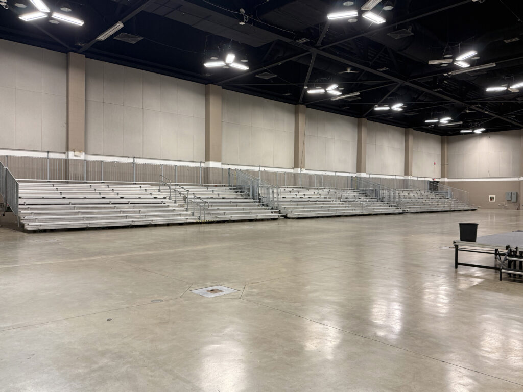 Three towable bleachers for the 2026 USA Gymnastics event at RiverCenter in Davenport, IA