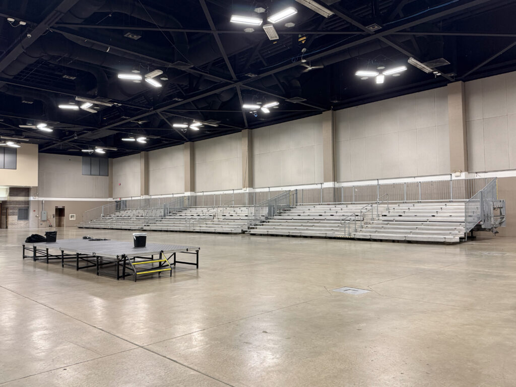 Three towable bleachers for the 2026 USA Gymnastics event at RiverCenter in Davenport, Iowa