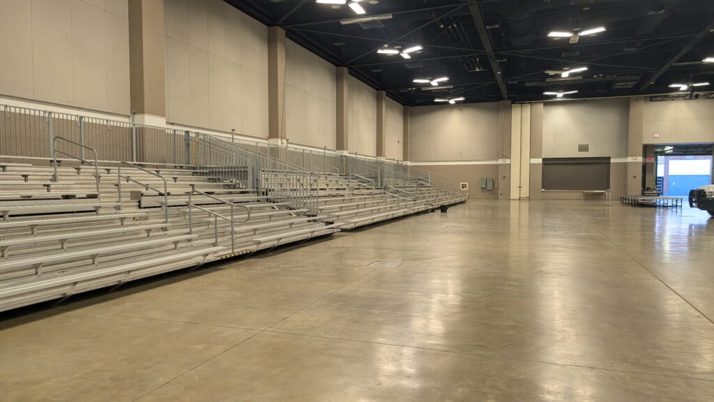 Towable Bleachers for the 2026 USA Gymnastics event at RiverCenter in Davenport, IA